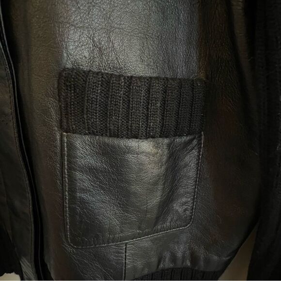 Context Womens Black Leather Wool Knit Cardigan Jacket Sz L Black Y2K Minimalist - Picture 6 of 11